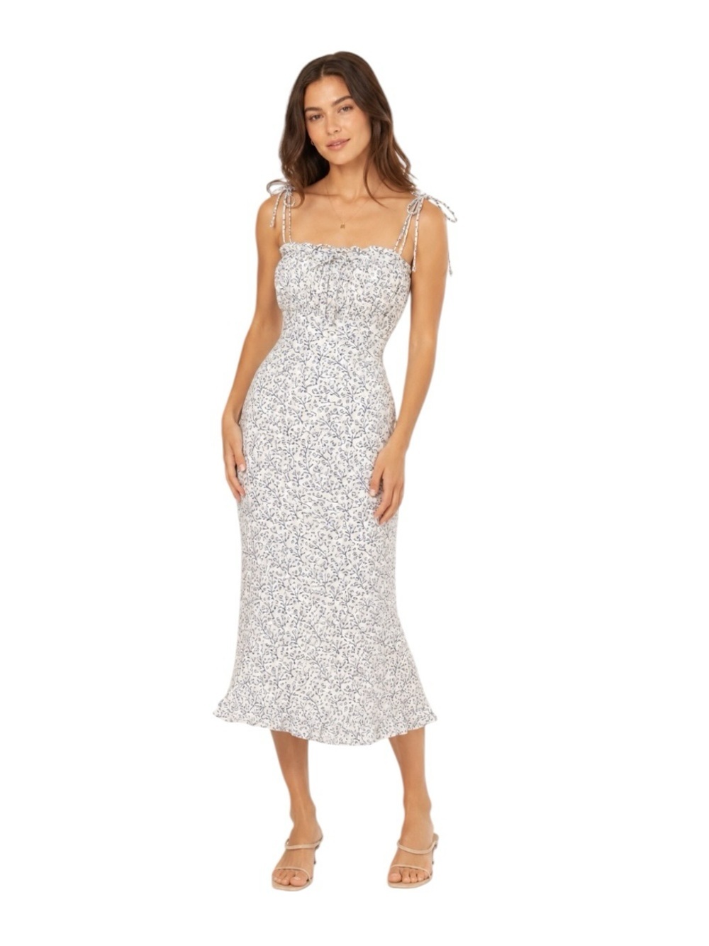 Cleobella - Floral Smocked Midi Dress White Blue Self-Tie Strap Sz M